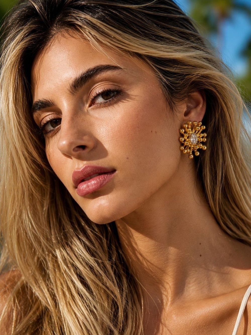 Gold Sunburst Cluster Earrings with Clear Center